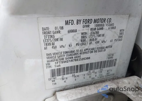 2008 Ford F-250 Lariat из США, поврежденный, VIN 1FTSW21R78ED25386